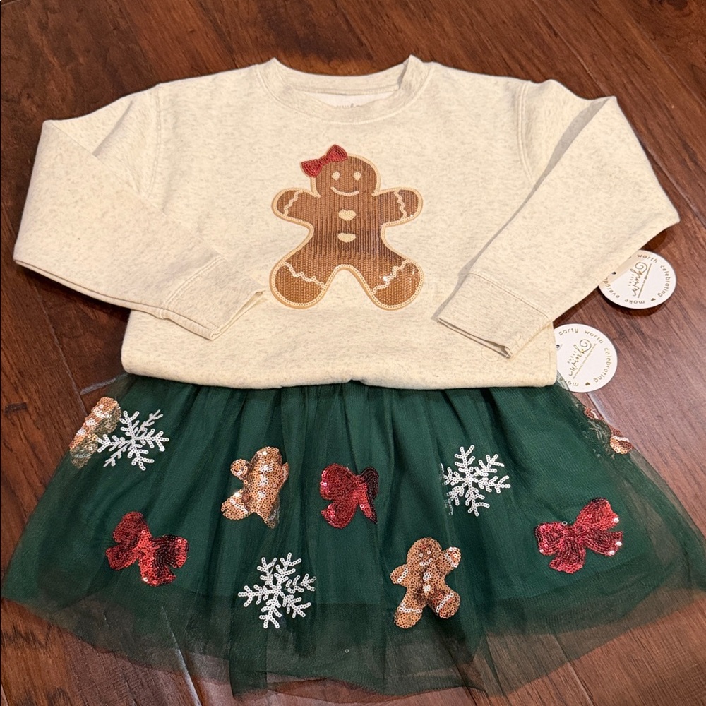 Cream Gingerbread Sweater & Green Sequin Tulle Skirt Kids Matching Set